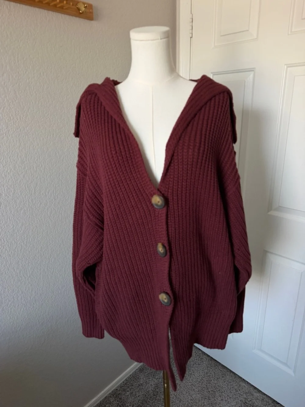 Free People Wine Ribbed Button-Front Cardigan